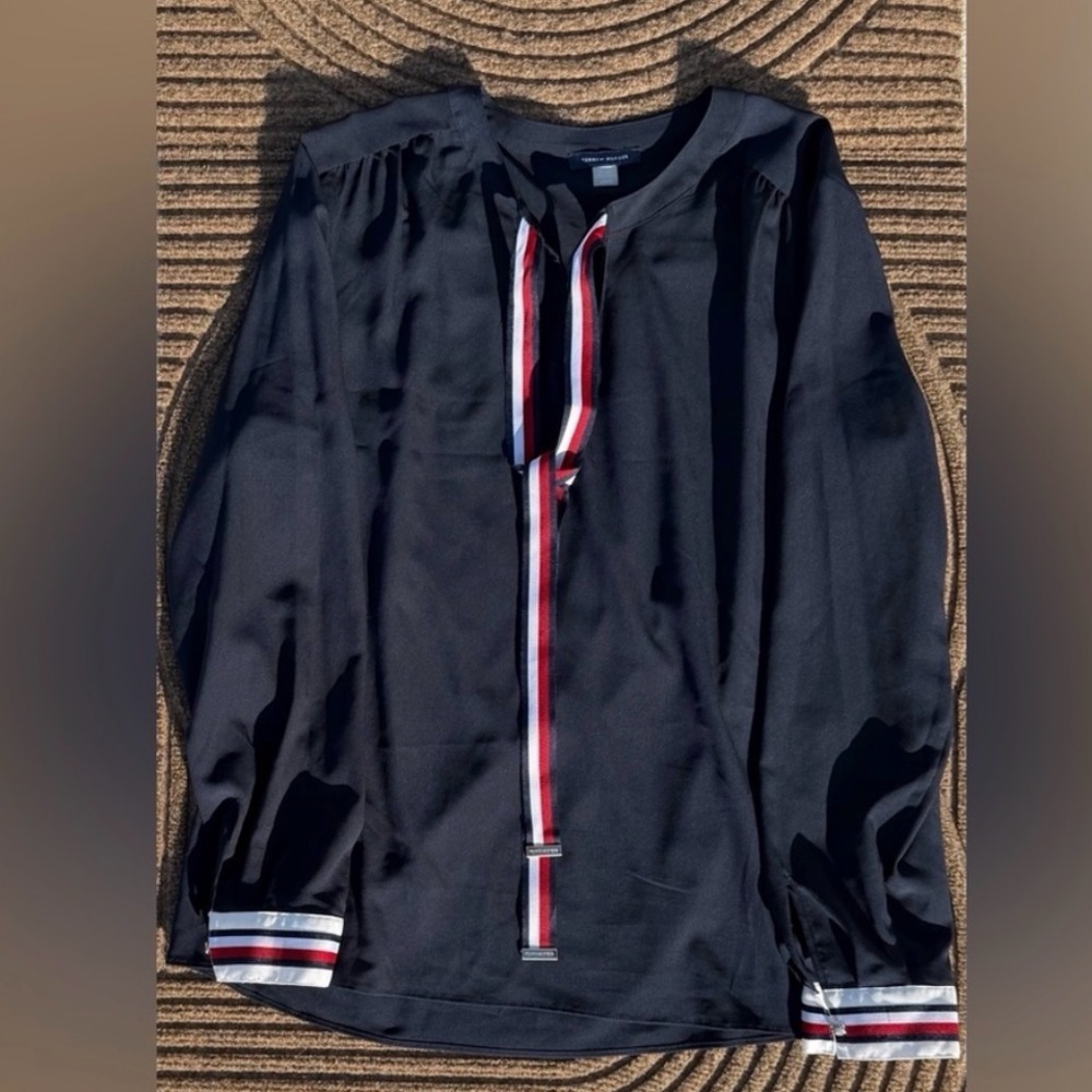 Tommy Hilfiger Women’s Red, White, and Blue Striped Accessory Tie Top Blouse
